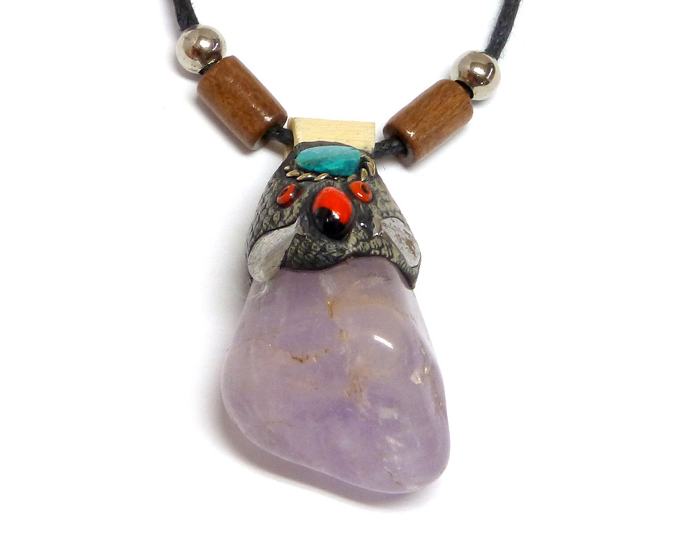Handmade large tumbled gemstone crystal pendant with resin, red huayruro seeds, and mini round chrysocolla stone on adjustable necklace in purple amethyst.