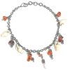 Handmade alpaca silver metal chain anklet with natural clear quartz crystal, chip stones, and natural seashell dangles in shiny orange color.