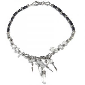 Handmade hematite and seed bead alpaca silver metal chain anklet with natural clear quartz crystal, chip stones, and metal dangles in clear color.