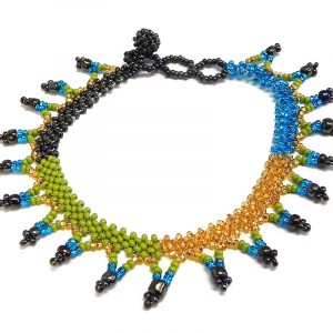 Handmade Czech glass seed bead anklet with V-shaped beaded fringe dangles in lime green, turquoise blue, gold, and dark brown color combination.