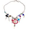 Handmade alpaca silver metal chain anklet with round beaded thread dream catcher, natural clear quartz crystal point, multicolored chip stones, and metal dangles in red and peach color combination.