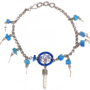 Handmade alpaca silver metal chain anklet with round beaded thread dream catcher, natural clear quartz crystal point, chip stones, and metal dangles in blue and light blue color combination.