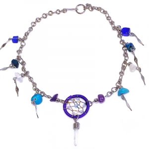 Handmade alpaca silver metal chain anklet with round beaded thread dream catcher, natural clear quartz crystal point, chip stones, and metal dangles in purple, white, blue, and turquoise color combination.