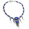 Handmade seed bead alpaca silver metal chain anklet with oval-shaped acrylic New Age themed chakra graphic design and long beaded metal dangles in blue, light blue, black, and rainbow color combination.