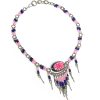Handmade seed bead alpaca silver metal chain anklet with oval-shaped acrylic New Age themed flower graphic design and long beaded metal dangles in pink, blue, and dark gray charcoal color combination.