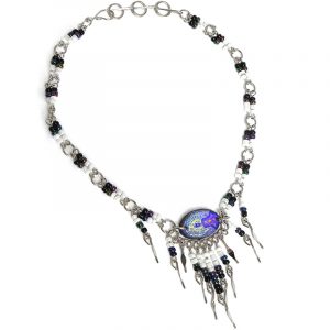 Handmade seed bead alpaca silver metal chain anklet with oval-shaped acrylic New Age themed chakra graphic design and long beaded metal dangles in black, white, dark gray charcoal, lavender, and purple color combination.