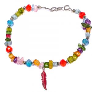Handmade chip stone and crystal bead anklet with colored metal feather charm dangle in red and multicolored color combination.