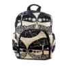 Small cushioned backpack bag with tree of life print pattern material and vegan suede in black and beige color combination.