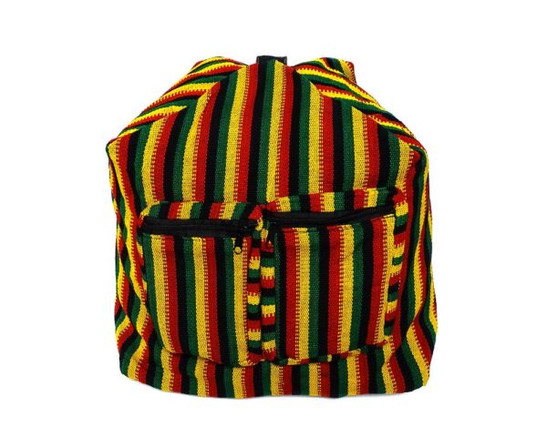 Woven lightweight hybrid messenger backpack bag with multicolored pixel striped pattern in Rasta colors.