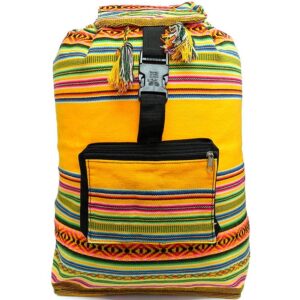 Handmade large lightweight backpack bag with multicolored tribal print striped pattern material (or manta Inca) in yellow color.