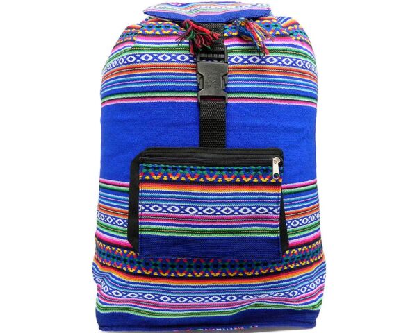 Handmade large lightweight backpack bag with multicolored tribal print striped pattern material (or manta Inca) in blue color.