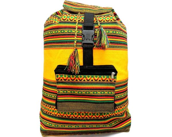 Handmade large lightweight Rasta backpack bag with multicolored tribal print striped pattern material (or manta Inca) in yellow color.