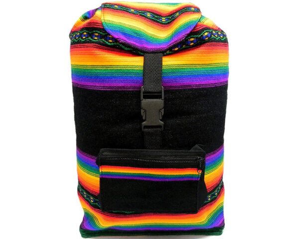 Handmade large lightweight rainbow backpack bag with multicolored tribal print striped pattern material (or manta Inca) in black color.