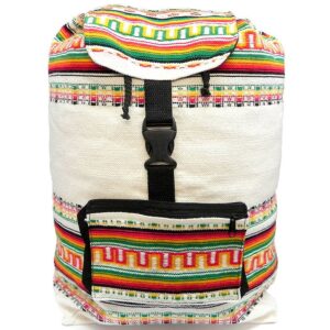Handmade large lightweight Rasta backpack bag with multicolored tribal print striped pattern material (or manta Inca) in white color.