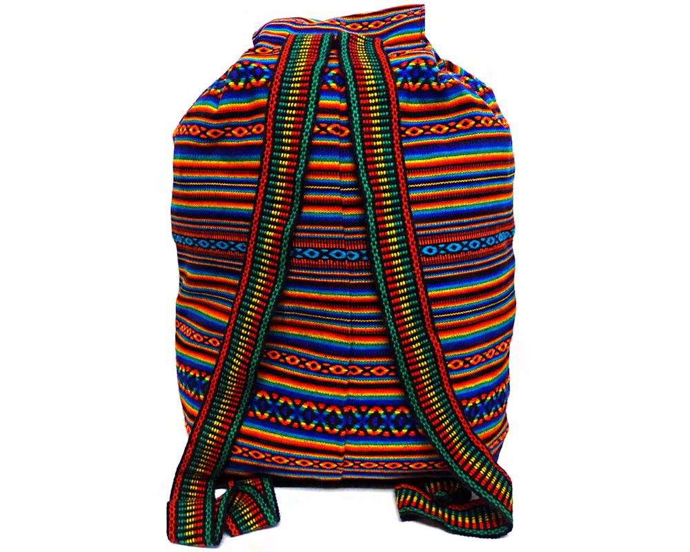 Handmade large lightweight rainbow backpack bag with multicolored tribal print striped pattern material (or manta Inca) in black color.