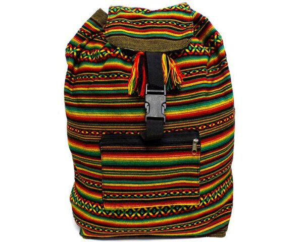 Large lightweight backpack bag with multicolored tribal print striped pattern material (or manta Inca) in Rasta colors.
