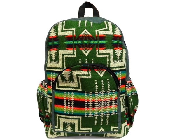 Handmade large cushioned backpack bag with Aztec inspired tribal print pattern material and vegan suede in olive green, beige, orange, and multicolored color combination.