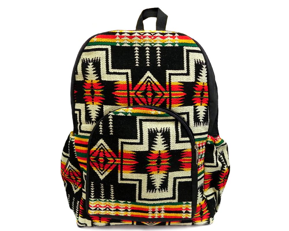 Large cushioned backpack bag with Rasta multicolored Aztec inspired tribal print pattern material and vegan suede in black and beige color combination.