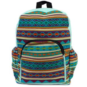 Handmade large cushioned backpack bag with multicolored Aztec inspired tribal print striped pattern material and vegan suede in mint, turquoise blue, burgundy, green, orange, and beige color combination.