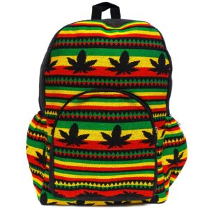 Handmade large cushioned backpack bag with multicolored Aztec inspired tribal print striped pattern and pot leaf design material and vegan suede in Rasta colors.