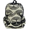Handmade large cushioned backpack bag with tree of life print pattern material and vegan suede in black and beige color combination.