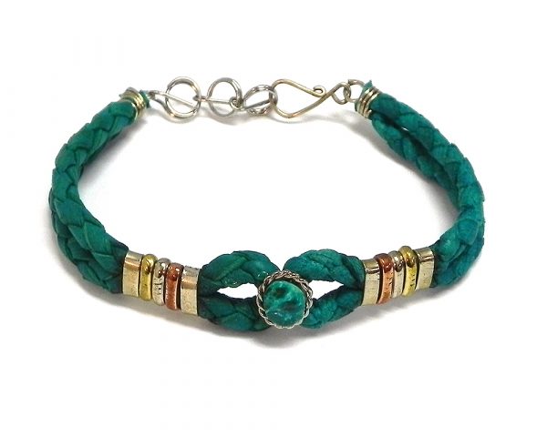 Handmade braided dyed leather infinity bracelet with mixed metals and mini round stone cabochon centerpiece in teal green chrysocolla.