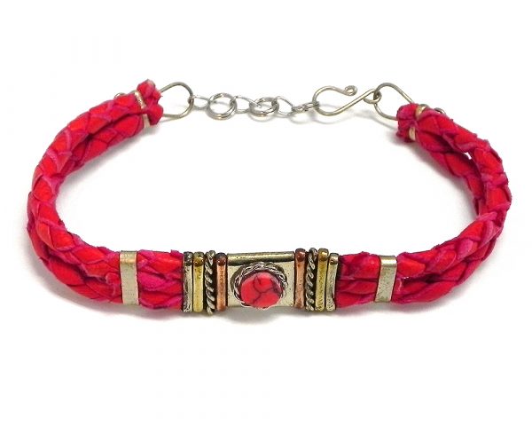 Handmade braided dyed leather bracelet with mixed metals and mini round stone cabochon centerpiece in red howlite.