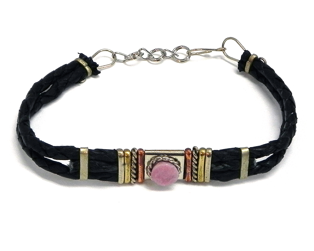 Handmade black braided leather bracelet with mixed metals and mini round stone cabochon centerpiece in light pink rhodonite.