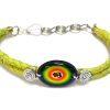 Handmade braided dyed leather bracelet with silver metal wire and oval-shaped acrylic New Age themed om sign graphic design centerpiece in yellow and rainbow color combination.