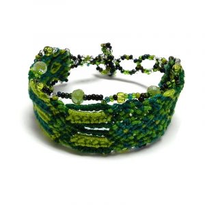 Handmade thick woven braided macramé wide strap bracelet with Czech glass seed beads and crystal beads in lime green, green, and teal color combination.