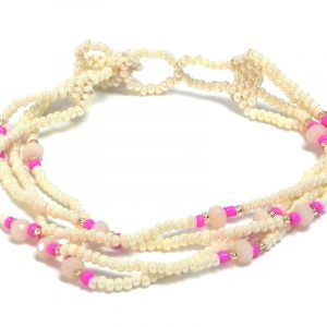 Handmade Czech glass seed bead multi strand bracelet with mini crystal beads in pearl white, beige, and pink color combination.