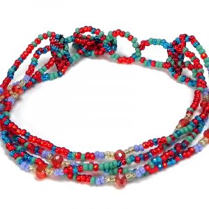 Handmade Czech glass seed bead multi strand bracelet with mini crystal beads in red, turquoise, mint, periwinkle, and beige gold color combination.