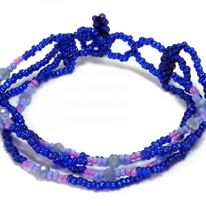 Handmade Czech glass seed bead multi strand bracelet with mini crystal beads in blue, pink, and periwinkle color combination.