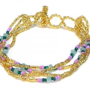 Handmade Czech glass seed bead multi strand bracelet with mini crystal beads in gold, pink, teal green, and mint color combination.