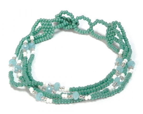 Handmade Czech glass seed bead multi strand bracelet with mini crystal beads in turquoise mint, light blue, white, and silver color combination.