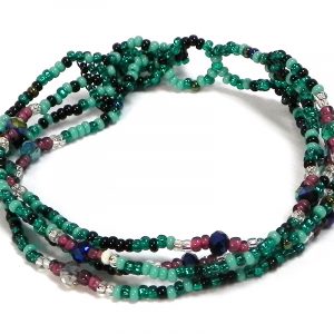 Handmade Czech glass seed bead multi strand bracelet with mini crystal beads in teal green, turquoise mint, dark purple, black, and iridescent navy blue color combination.