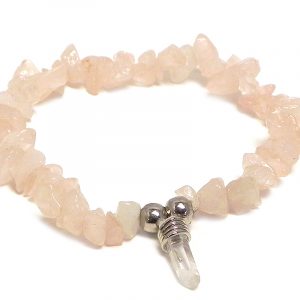 Handmade natural chip stone gemstone stretchy bracelet with clear quartz crystal point dangle in light pink rose quartz.