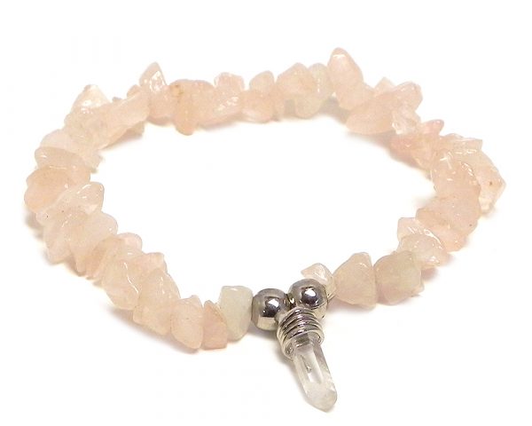 Handmade natural chip stone gemstone stretchy bracelet with clear quartz crystal point dangle in light pink rose quartz.