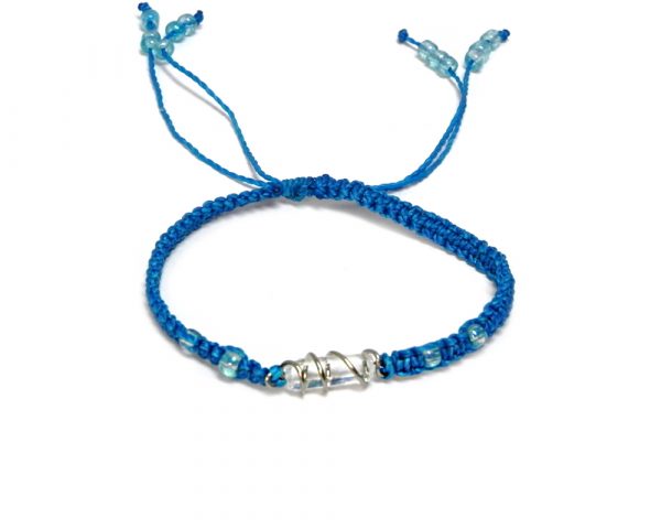 Handmade macramé braided string pull tie bracelet with silver metal wire wrapped clear quartz crystal centerpiece in turquoise blue color.