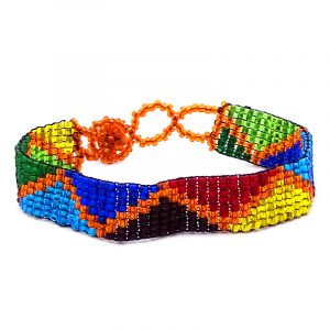 Handmade Czech glass seed bead thin strap bracelet with orange zig zag pattern design in rainbow colors.