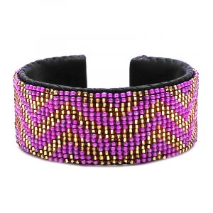 Handmade Czech glass seed bead black leather cuff bracelet with chevron striped pattern design in pink and gold color combination.