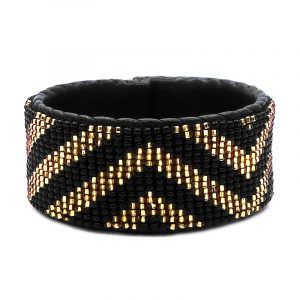 Handmade Czech glass seed bead black leather cuff bracelet with chevron striped pattern design in gold and black color combination.