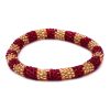 Handmade Czech glass seed bead bangle bracelet with striped pattern design in red and gold color combination.