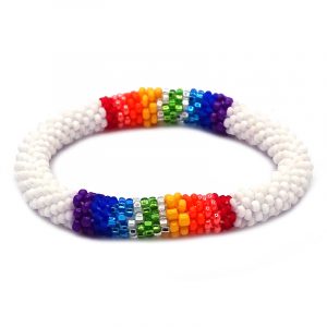 Handmade Czech glass seed bead bangle bracelet with rainbow striped pattern in white color.