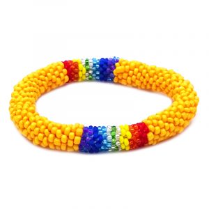 Handmade Czech glass seed bead bangle bracelet with rainbow striped pattern in golden yellow color.