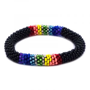 Handmade Czech glass seed bead bangle bracelet with rainbow striped pattern in black color.