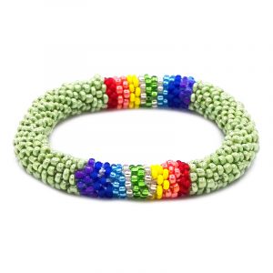 Handmade Czech glass seed bead bangle bracelet with rainbow striped pattern in light green color.