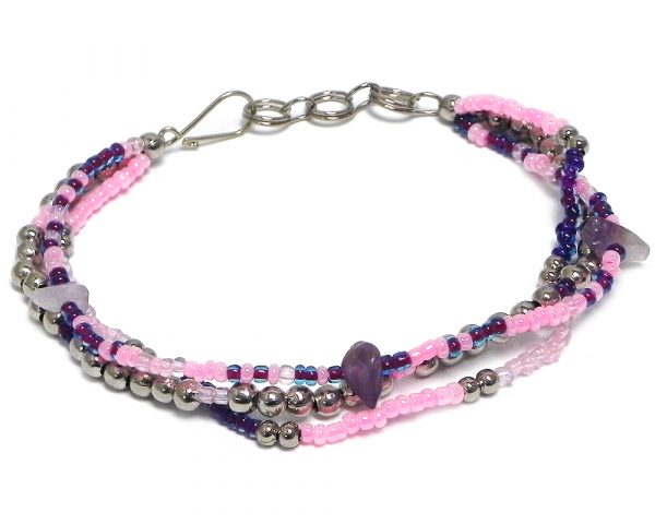 Handmade seed bead and silver metal bead multi strand bracelet with chip stones in pink, dark purple, and light pink color combination.