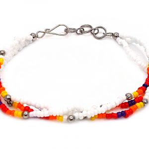 Handmade Native American inspired seed bead multi strand bracelet in white, yellow, orange, red, and dark purple color combination.