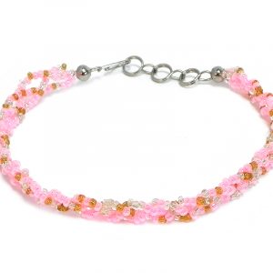 Handmade thin braided seed bead bracelet in pink, gold, and beige color combination.
